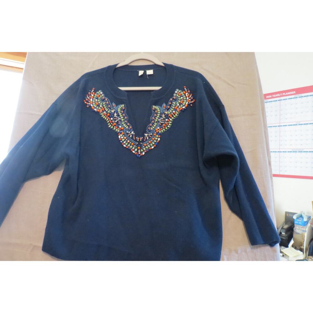 Moth Anthropologie Beaded Embellished Navy Sweater L